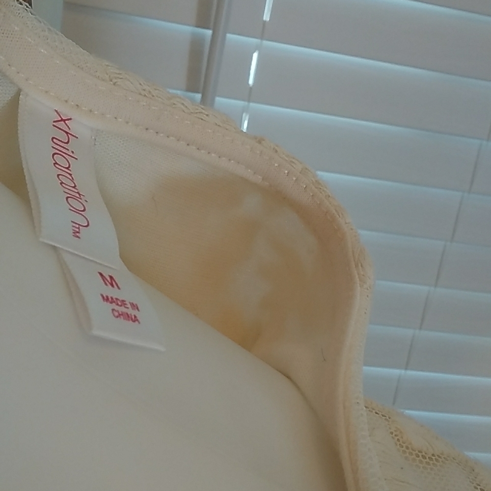 Xhilaration Cream Babydoll Mini Dress Size M V Neck Embroider Bodice Sleeves - Picture 3 of 13